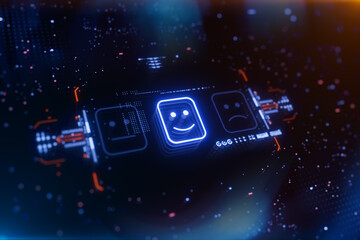 Happy, neutral and sad faces icons on a virtual display. Concept of customer service evaluation, service rating, customer review, satisfaction feedback and reputation ranking