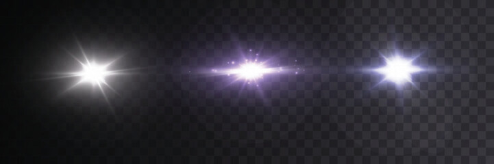 Set of three glowing star light flares in white, purple and blue on transparent background. Great for sci‑fi UI elements, photo highlight overlays, logo reveals, magic effects in fantasy designs © Alesya