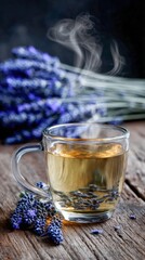 Fototapeta premium Herbal tea in glass cup with lavender flowers on wooden table