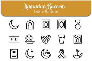 Collection of simple line art icons representing various traditional symbols and elements associated with the holy Islamic month of Ramadan Kareem observance and celebration.