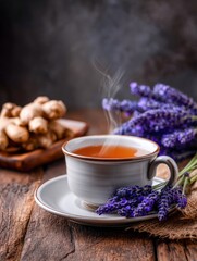 Fototapeta premium Herbal tea in a cup with ginger and lavender on a wooden table