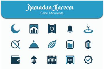 Collection of essential blue silhouette icons representing various elements and traditions associated with Ramadan Kareem sehri moments and religious observance activities.