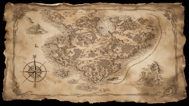 Ancient style fantasy island treasure map drawn on weathered parchment with mountains ships and compass roses on wooden table