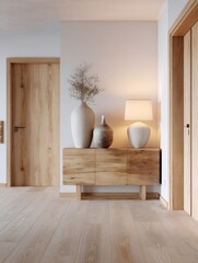 Modern Minimalist Interior Design with Wooden Sideboard and Clay Vases in Bright Hallway, Scandi Japandi Style Home Decor with Warm Lighting, Natural Oak Wood Texture and Elegant Neutral Aesthetics