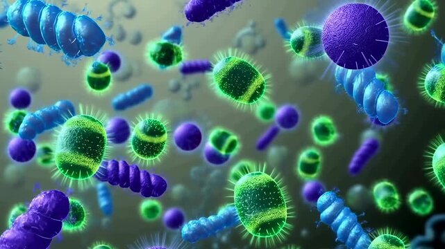 Colorful animated bacteria and viruses in motion. Visual representation of microbial life and its significance in health and disease