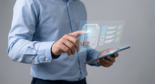 Person using tablet with checklist interface displaying completed tasks in a modern business setting.