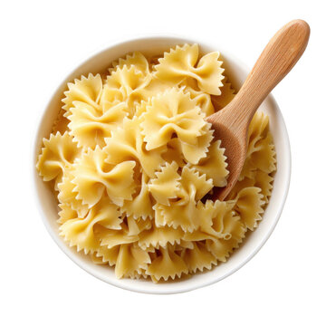 Raw farfalle pasta in a white bowl with wooden spoon [Transparent Background PNG].