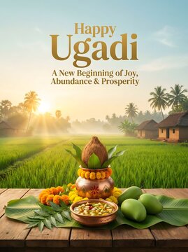 Ugadi celebration with traditional indian decorations and fruits on a wooden table outdoors