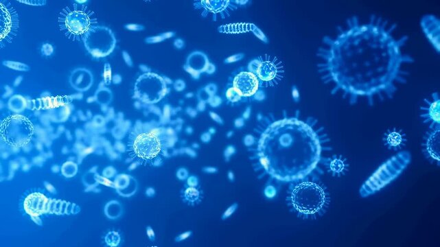 Abstract microscopic view of viruses and bacteria in blue tones. Visual representation of microbial life and its impact on health and science
