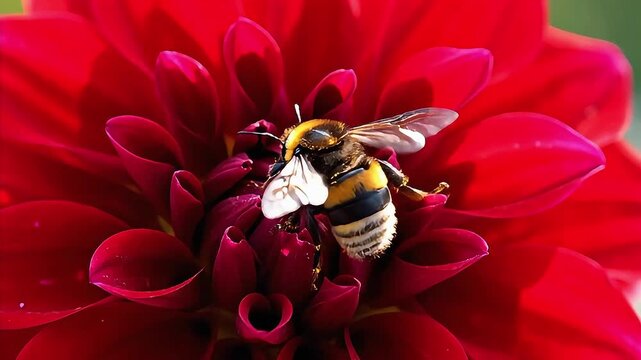 Close-up of a bumblebee collecting nectar from a vibrant red dahlia flower in garden with blurred green background