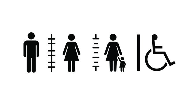 Accessibility signage depicting people including wheelchair users in silhouette