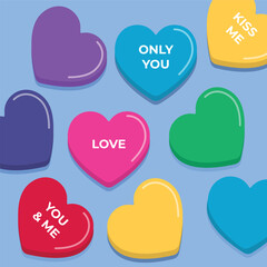 Colorful candy hearts with love messages arranged together, isolated on a light blue background, vector illustration, close-up view, Valentine's Day theme