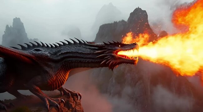 Dragon breathing fire on mountain and flying away