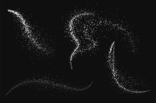 Falling white dust and powder particles forming curved swirl trails, flowing waves and scattered motion on dark background with fine granular texture, realistic dispersion effect vector illustration