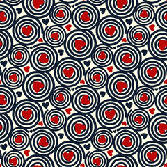 Fototapeta premium Small round blue spirals with red hearts isolated on a white background. Seamless pattern. Vector simple flat graphic illustration, hand drawn. Texture.