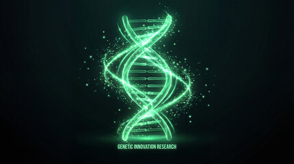 Obraz premium A singular, bright green DNA icon composed of sparkling particles hovers above small research text in a dark setting.