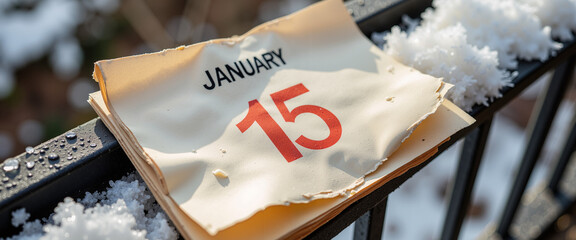 Calendar page showing January 15 resting on snowy background - Concept of Blue Monday  