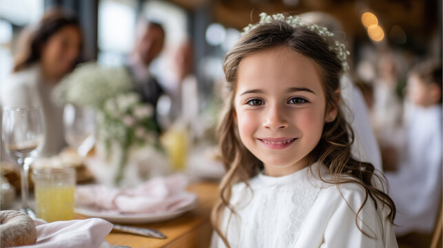 A family celebrating a First Communion inside a bright, cozy restaurant or inn, casually gathered around a festively set table, smiling and interacting naturally. The child is wear