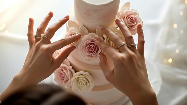 Woman decorating wedding cake with delicate sugar roses