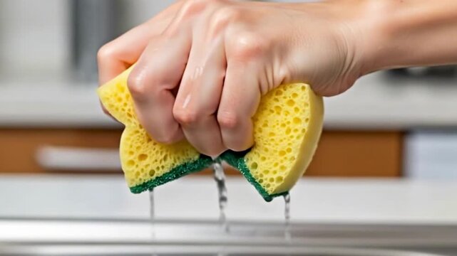 Squeezing sponge to release water in kitchen sink during cleaning process. Squeeze action demonstrates effective cleaning with sponge, showing water dripping down.