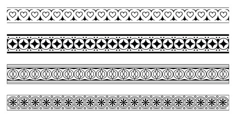 "Set of Decorative Black and White Border Patterns with Geometric and Heart Designs"