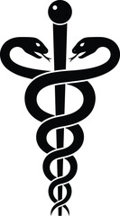 Obraz premium Black and white caduceus medical symbol with two snakes entwined around a winged staff for healthcare and pharmacy logo design concepts.