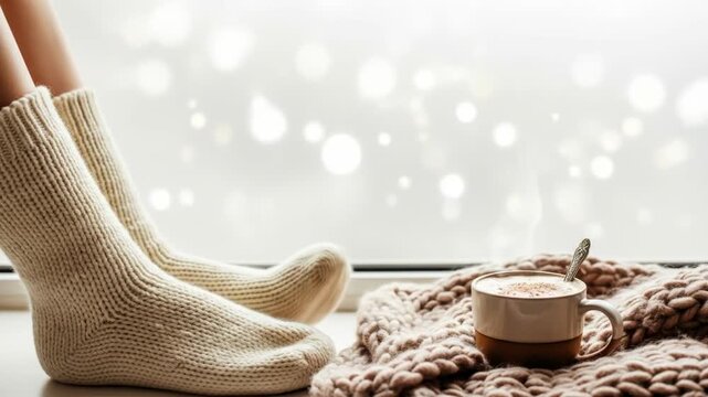 Cozy woolen socks and warm coffee on winter afternoon. Soft knitted socks accompanied by steaming cup on knitted blanket. Perfect cozy moment with woolen socks and coffee for relaxation.