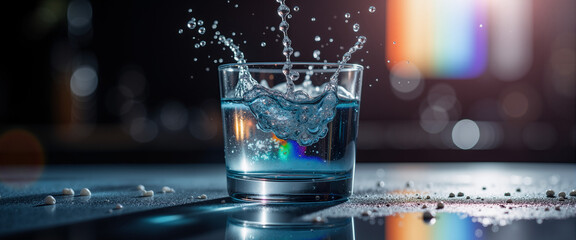 Water splashing in a glass on a reflective surface with colorful background  