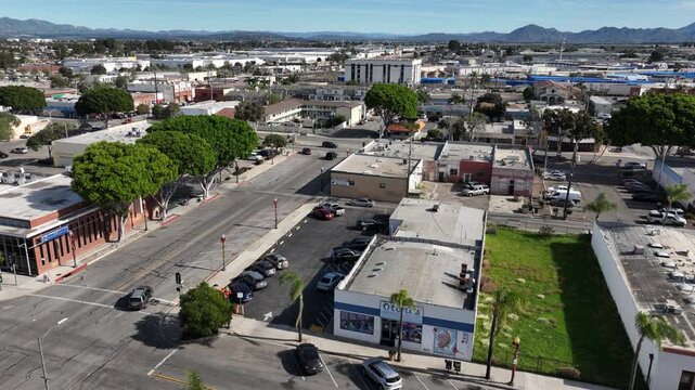 Downtown Oxnard, California, USA &ndash; Wide Aerial View of Heritage Square Historic Buildings and Central Park Area With Surrounding Urban Development on a Sunny Day