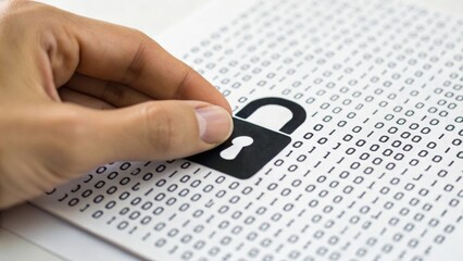 A hand places a black padlock icon on a sheet filled with binary code, symbolizing data security and digital protection.