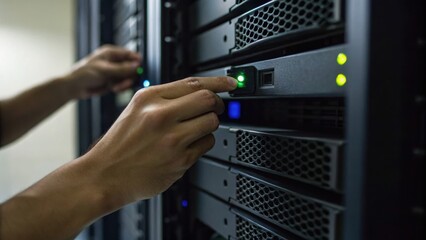 Technician hands operating and maintaining a server in a data center with blinking LED indicators on the hardware.