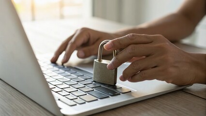 Person holding a padlock over a laptop keyboard symbolizing cybersecurity and data protection.