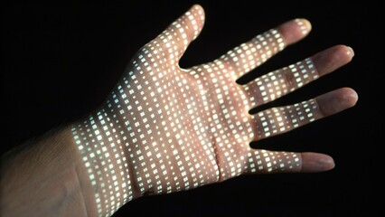 A hand illuminated by a grid of light projections, highlighting skin texture and creating an intricate pattern against a dark background.