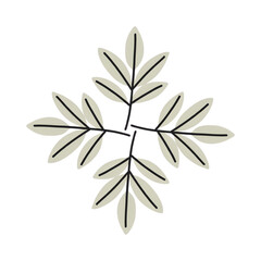 A simple minimalist illustration showcasing four light grey leafy branches arranged symmetrically in a cross pattern on a white background.
