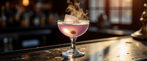 Cocktail with smoke and ice in stylish glass on bar counter  