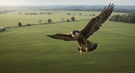 Fototapeta premium Peregrine falcon in flight over green fields