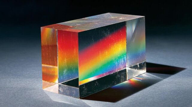 A rectangular prism displaying the dispersion of white light into a rainbow spectrum