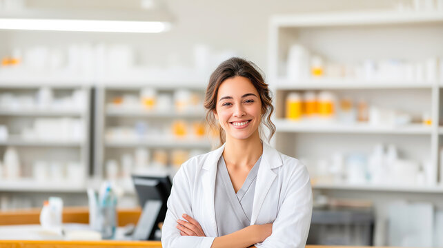 Portrait of a smiling female pharmacist standing with arms crossed in a pharmacy. Professional young woman wearing a white lab coat and scrubs. Healthcare and medicine concept