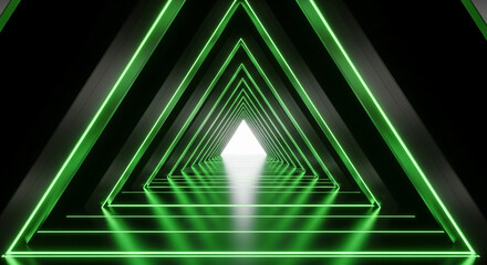 Fototapeta premium An immersive dark tunnel formed by repeating triangular structures is vividly outlined with glowing green neon lights, leading towards an intense light at its end.