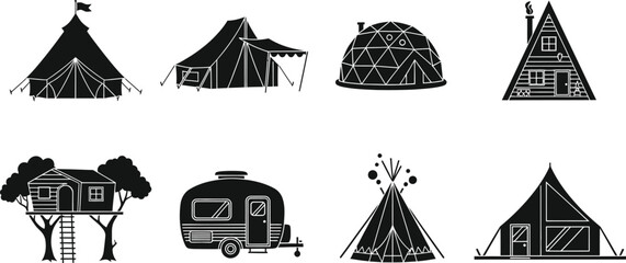 Naklejka premium Icon set of various tents and camping shelters for outdoor adventures