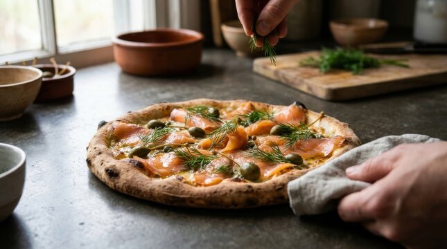 Fresh Dill Sprigs and Caper Berries Being Added to a Delicious Pizza Topping, Kitchen Setting