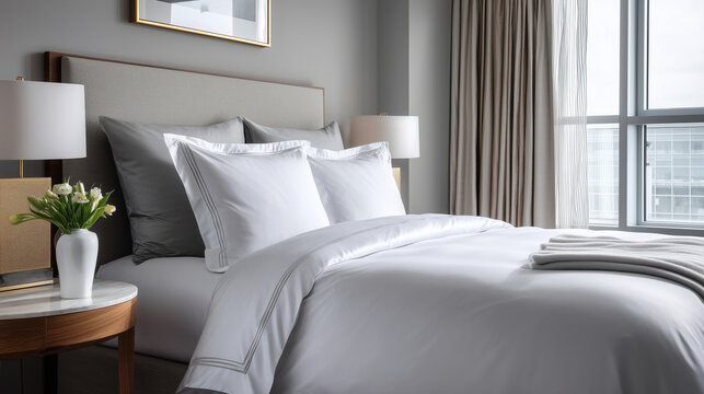 luxury silk bedding set in a modern hotel suite with natural light