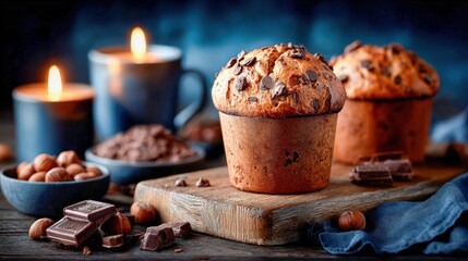 Fototapeta premium Freshly baked muffins on a wooden table with candles