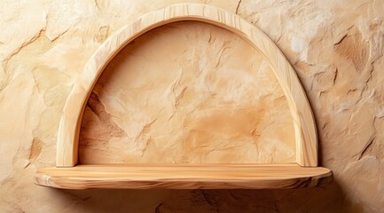 Arched Wooden Shelf Against Textured Wall