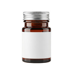 A brown glass bottle with a silver cap and blank white label on a white background. isolated on transparent background