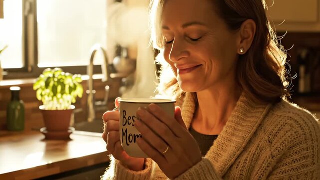 Happy woman drinks hot coffee from best mom mug in sunny kitchen. Mother enjoys morning tea near window. Smiling female drinking beverage at home. Mom holds cup with steam. Relaxing morning lifestyle.