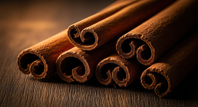 Several brown cinnamon sticks rolled up close up on dark wooden surface aromatic spice background with warm lighting