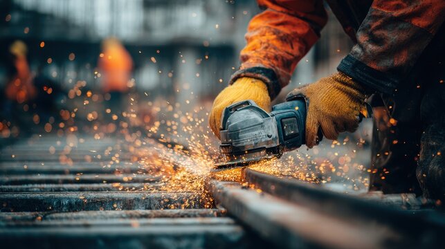 Construction worker using a grinder to cut metal parts