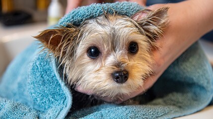 Dog care cleaner drying a small pet post bath animal in a towel pet shampoo