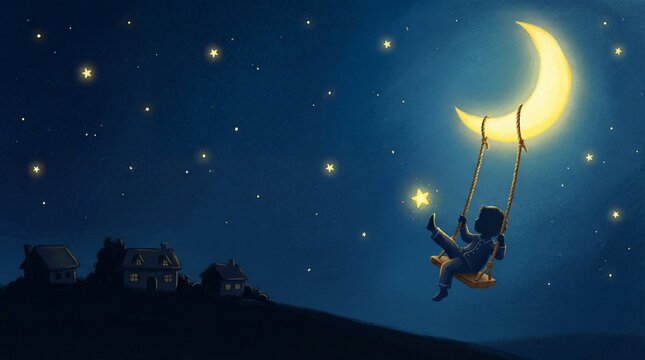 A child on a swing reaching for the moon and stars in a whimsical night sky above a quiet village.